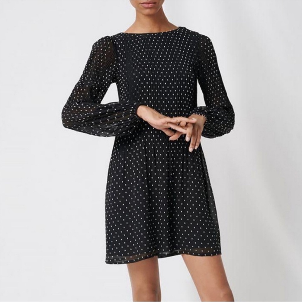Maje black + white dot dress with pleated details size 1|S